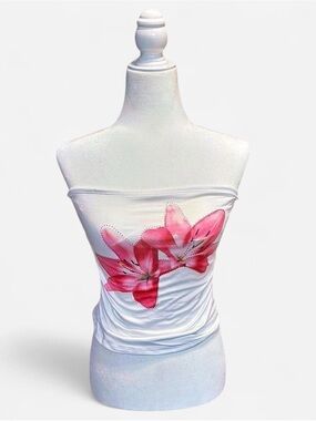 Strapless White Tube Top with Pink Floral Print